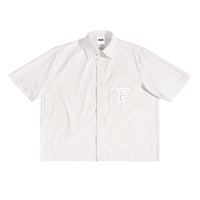 White short-sleeve shirt with a small logo on a white background