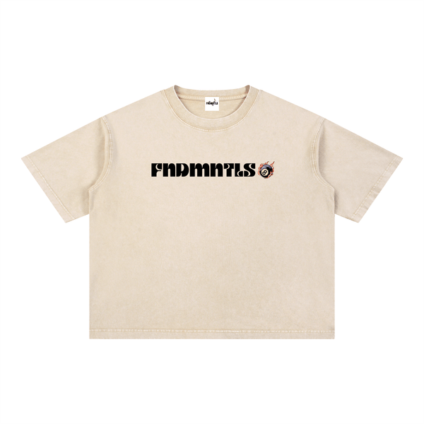 Beige Mineral Wash Boxy Cotton T-Shirt with black graphic print, designed for unisex casual style and breathable comfort.