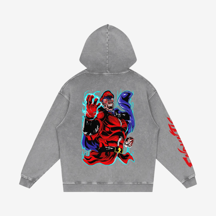 Back of light grey cotton hoodie featuring bold M. Bison graphic and snow washed finish, perfect for casual unisex styling.