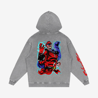 Back of light grey cotton hoodie featuring bold M. Bison graphic and snow washed finish, perfect for casual unisex styling.