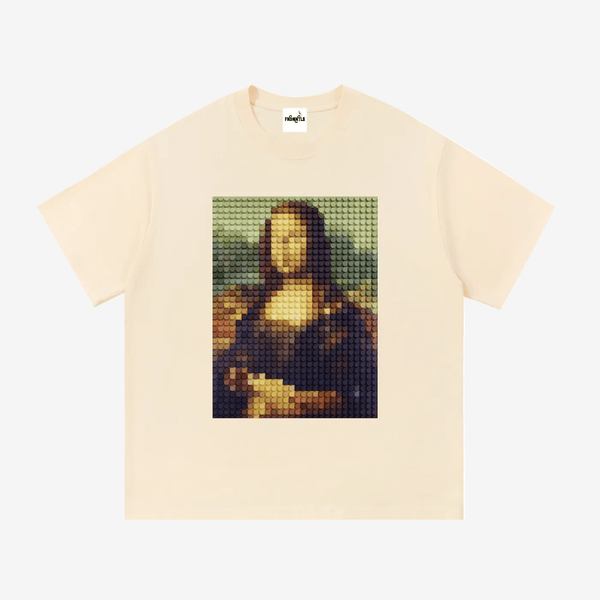 Beige t-shirt with Mona Lisa made of building blocks design on a white background