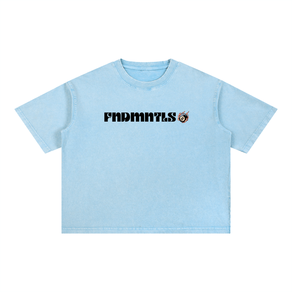 Mineral Wash Boxy Cotton T-Shirt in light blue with black graphic text, short sleeves and relaxed fit for unisex casual wear.
