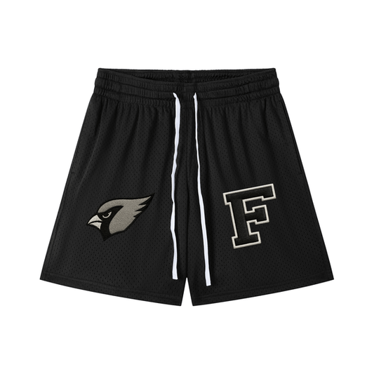 Black Chrome Cardinals Mesh Drawstring Shorts with bold cardinal logo and varsity F patch, unisex sporty activewear made from breathable polyester.