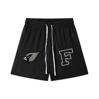 Black Chrome Cardinals Mesh Drawstring Shorts with bold cardinal logo and varsity F patch, unisex sporty activewear made from breathable polyester.
