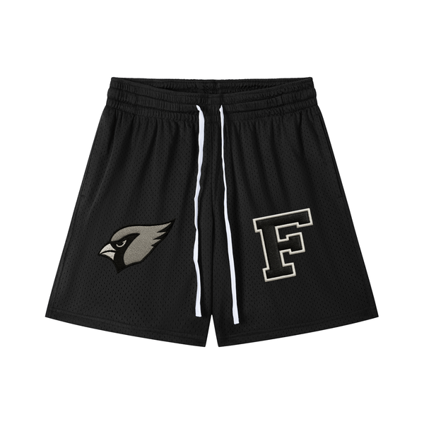 Black Chrome Cardinals Mesh Drawstring Shorts with bold cardinal logo and varsity F patch, unisex sporty activewear made from breathable polyester.