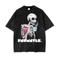 Wake UP Oversize T-Shirt in black snow wash with bold skeleton graphic and coffee cup. Cotton summer tee for casual and outdoor wear.