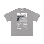 Light gray Glock 19 unisex cotton t-shirt with firearm schematic print and bold white lettering, ideal for casual streetwear.