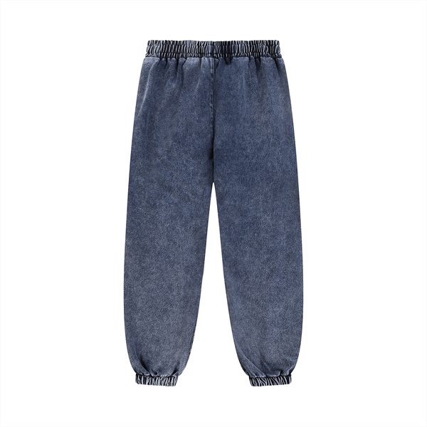 Back view of dark blue unisex snow wash sweatpants with elastic waistband and cuffs. Ideal for comfort and style in outdoor settings.
