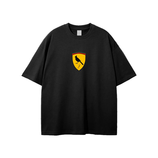 Black t-shirt with a logo on the chest against a white background