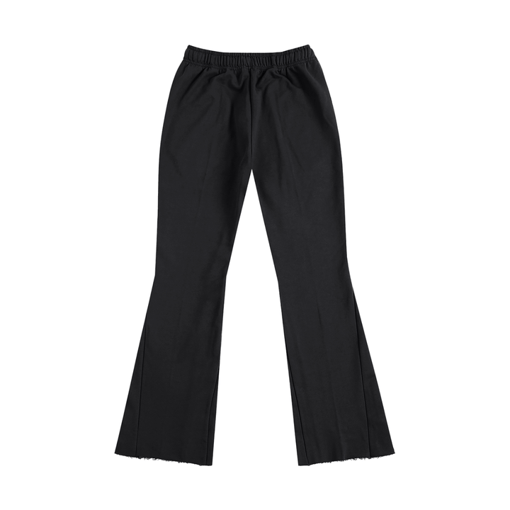 Back view of Mr Rogers FNDMNTLS Flared Sweatpants in black, showcasing flared leg design and elastic waistband for comfort.
