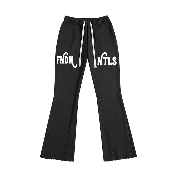 Black Mr Rogers FNDMNTLS Flared Sweatpants with bold white logo and drawstring, perfect for unisex casual and activewear.