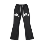 Black Mr Rogers FNDMNTLS Flared Sweatpants with bold white logo and drawstring, perfect for unisex casual and activewear.