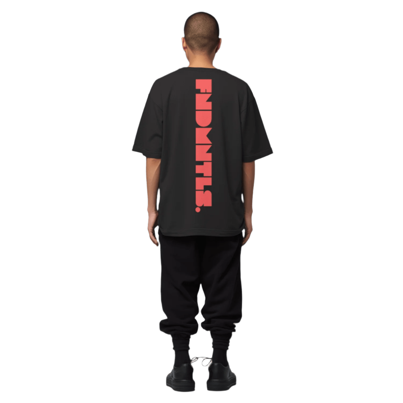 Model wearing Red Logo Heavyweight Essential Tee | FNDMNTLS