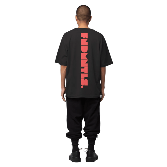 Red Logo Heavyweight Essential Tee product and fit image | FNDMNTLS