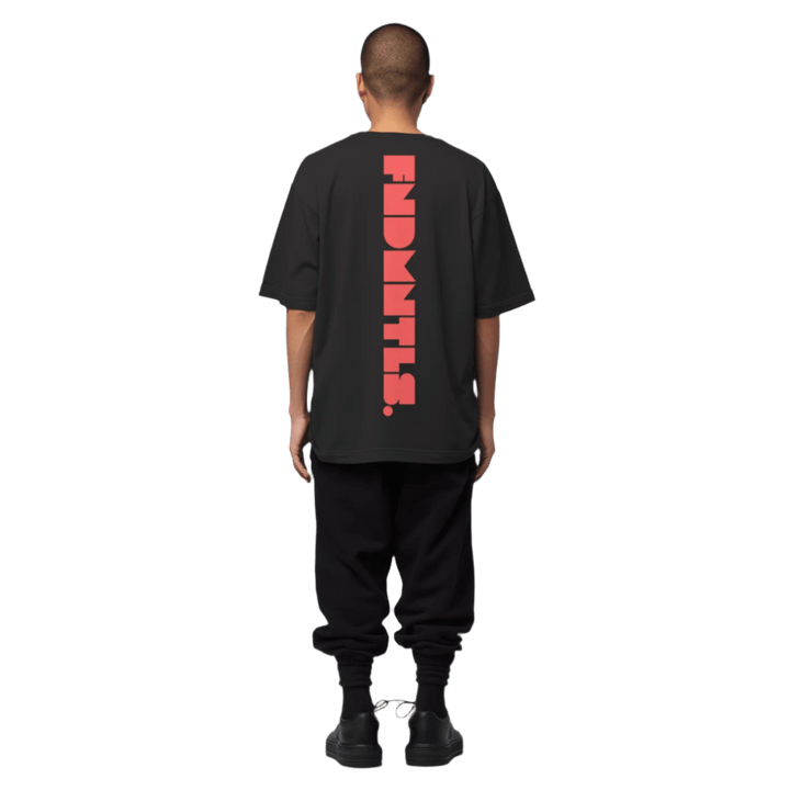 Red Logo Heavyweight Essential Tee product and fit image | FNDMNTLS