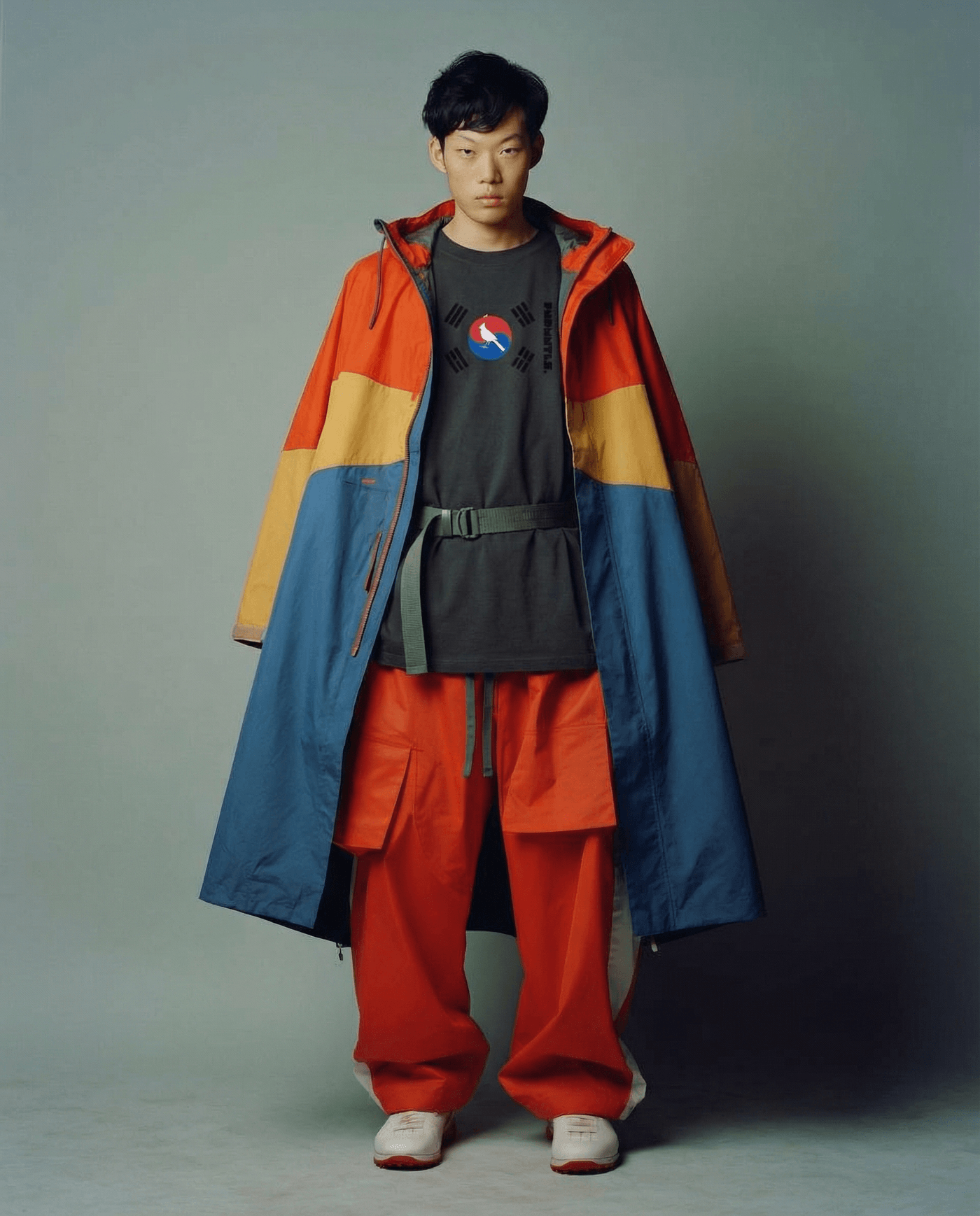 Person wearing a colorful jacket and red pants against a plain background