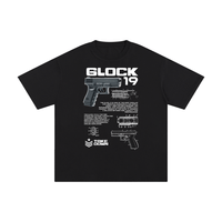 Black Glock 19 unisex pure cotton t-shirt with firearm schematic print and bold white lettering, ideal for casual streetwear style.