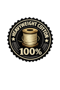 Heavyweight cotton label with a spool of thread on a white background