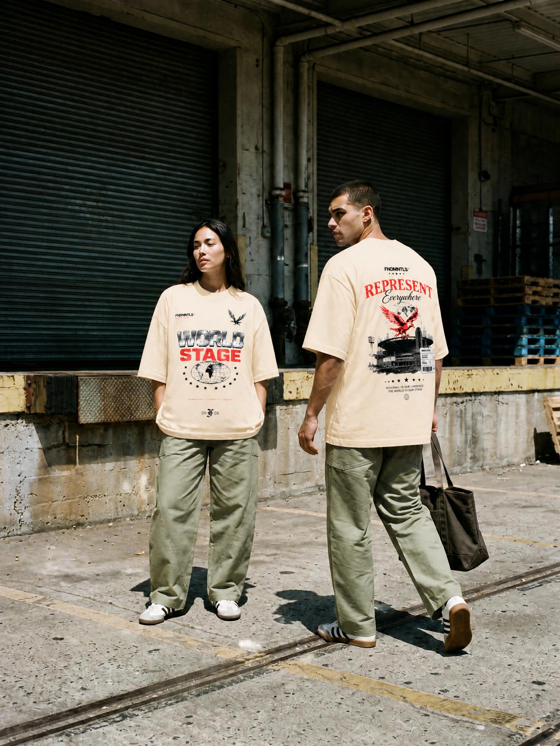 A man and a woman wearing matching beige graphic t-shirts and olive green pants walking in an industrial outdoor setting with closed metal garage doors and concrete ground.