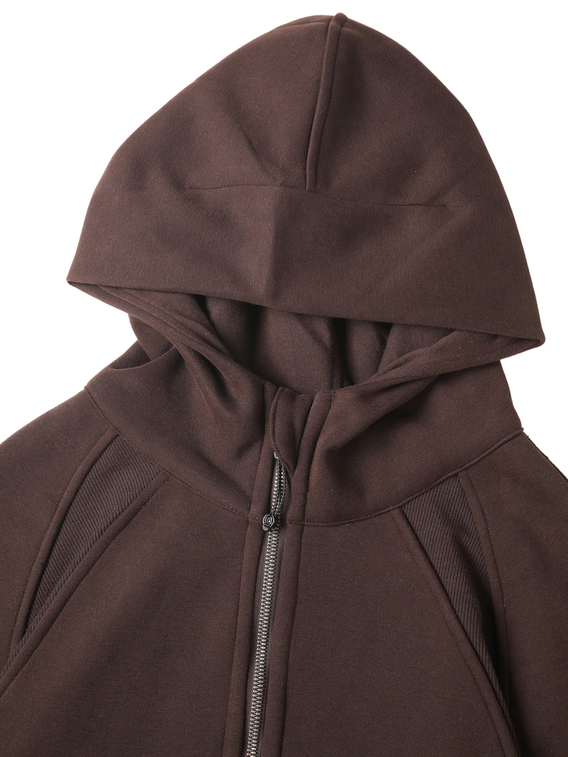 Close-up of hood on chocolate brown cropped half-zip hoodie for women, showing stitching and zip detail for a sleek finish.