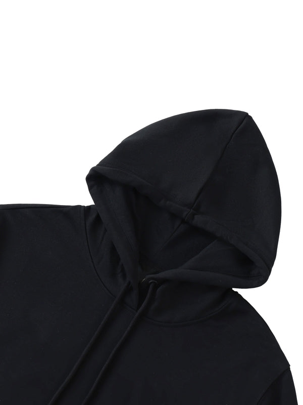 Close-up of hood on Premio Essential Oversized Hoodie in black, showing soft cotton blend texture and sturdy drawstring construction.