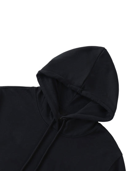 Close-up of hood on Premio Essential Oversized Hoodie in black, showing soft cotton blend texture and sturdy drawstring construction.