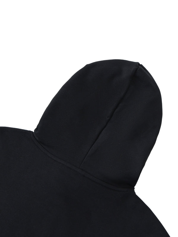 Premio Essential Oversized Hoodie hood detail in soft black cotton blend fabric, designed for comfort and urban style.