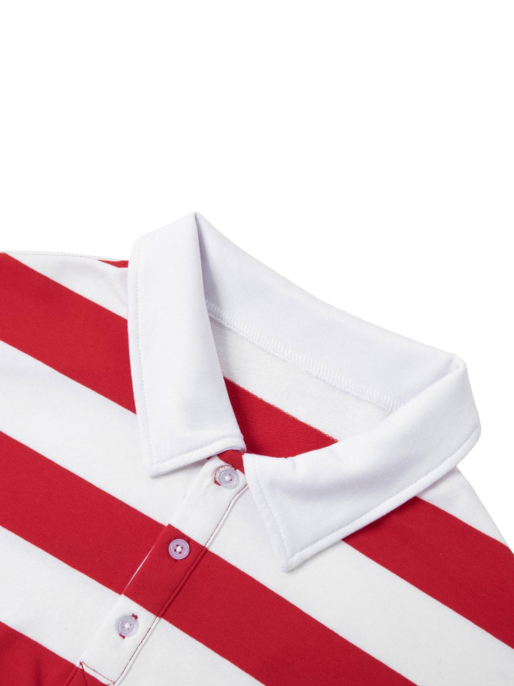 Close-up of red and white Color Block Stripe Polo Shirt collar with button placket, showcasing quality cotton blend and stitching detail.