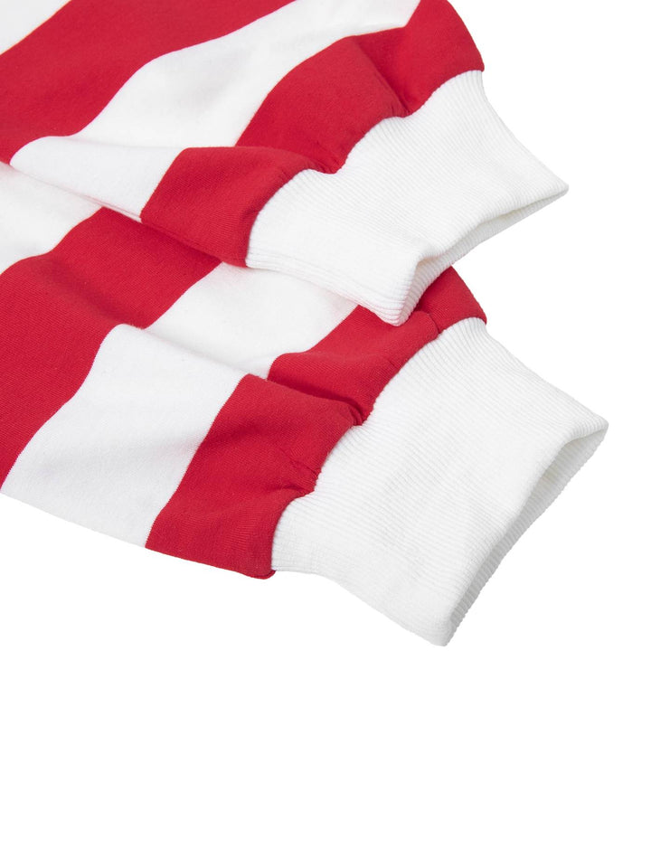 Detail of ribbed cuffs on red and white Color Block Stripe Polo Shirt, highlighting durable cotton blend and comfortable fit.
