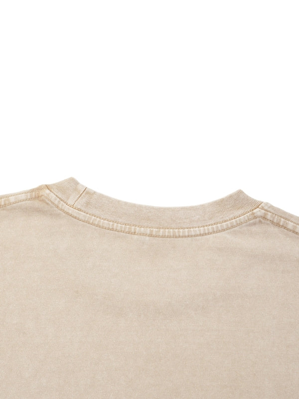 Neckline detail of beige Mineral Wash Boxy Cotton T-Shirt, highlighting reinforced stitching and garment wash texture.
