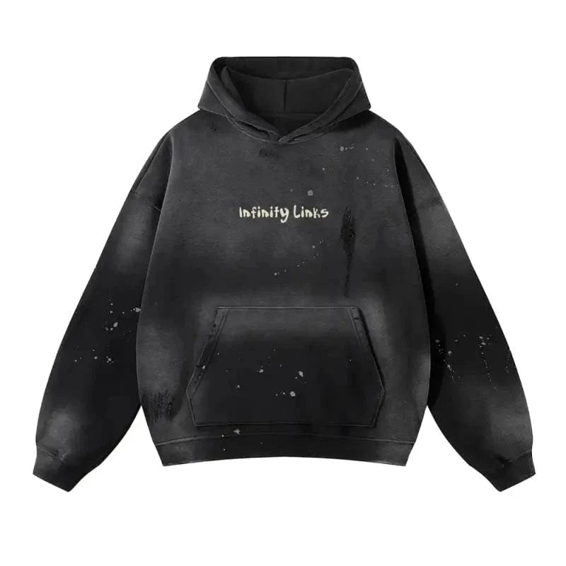 Front view of Let Happiness Bloom Vintage Wash Frayed Fleece Hoodie in black featuring 'Infinity Links' text. Soft cotton hoodie with distressed wash.