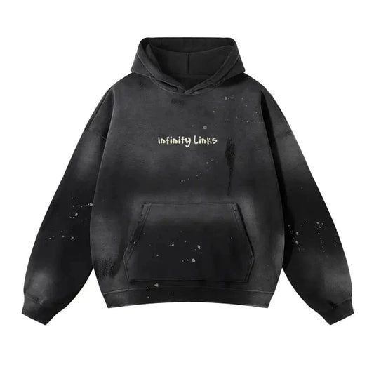 Front view of Let Happiness Bloom Vintage Wash Frayed Fleece Hoodie in black featuring 'Infinity Links' text. Soft cotton hoodie with distressed wash.
