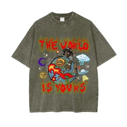 The World is Yours Acid Wash Oversize T-Shirt by Shop FNDMNTLS - Tshirts, ,