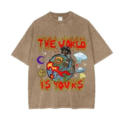 The World is Yours Acid Wash Oversize T-Shirt by Shop FNDMNTLS - Tshirts, ,