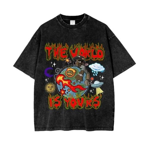 The World is Yours Acid Wash Oversize T-Shirt by Shop FNDMNTLS - Tshirts, ,
