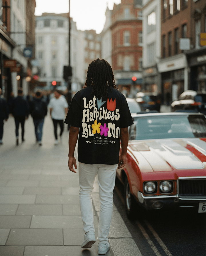 Let Happiness Bloom Oversize graphic tshirt by Shop FNDMNTLS - Tshirts, 100% Cotton, Boxy Fit