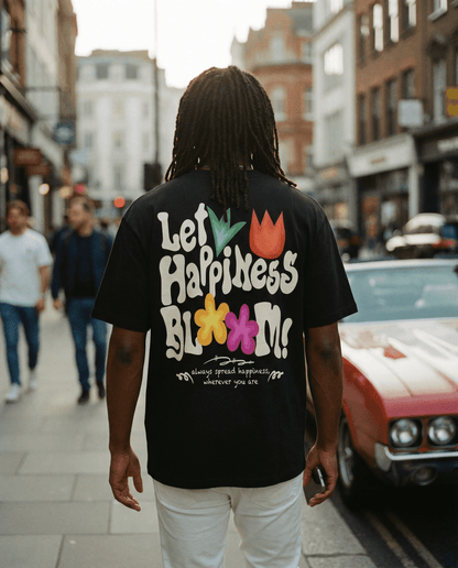 Let Happiness Bloom Oversize graphic tshirt by Shop FNDMNTLS - Tshirts, 100% Cotton, Boxy Fit