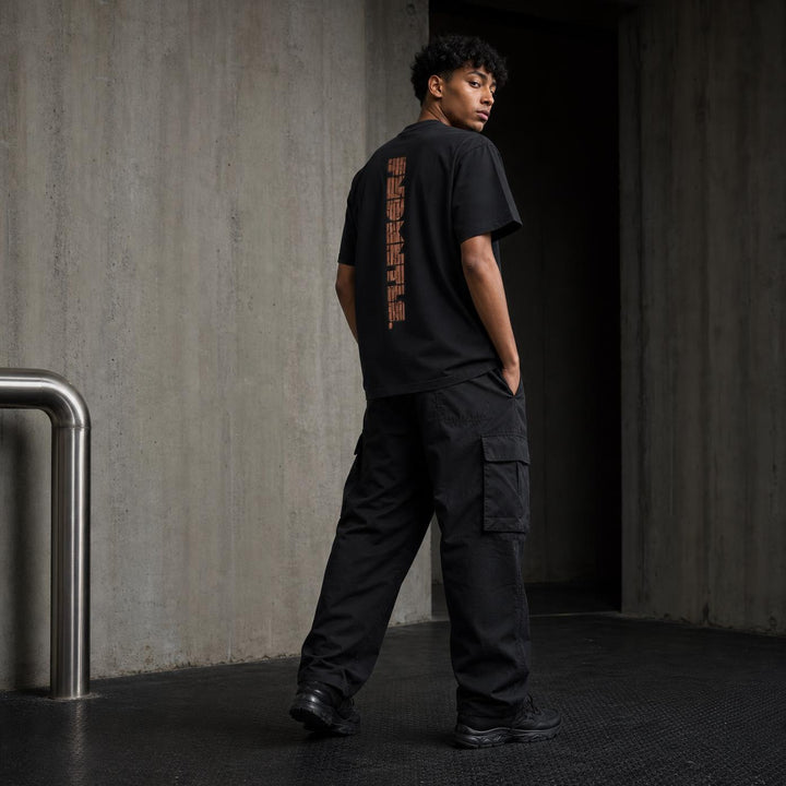A man stands in a concrete corridor wearing a black t-shirt with a vertical orange graphic on the back, black cargo pants, and black sneakers.