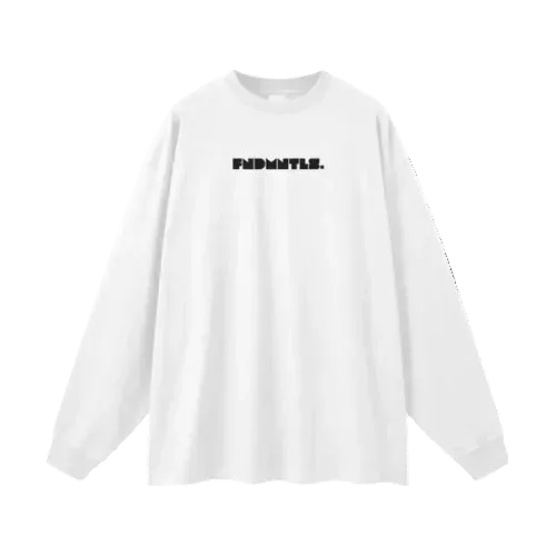 White long-sleeve shirt with black text on a white background