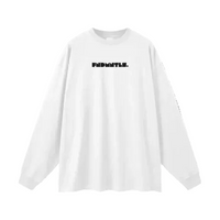 White long-sleeve shirt with black text on a white background