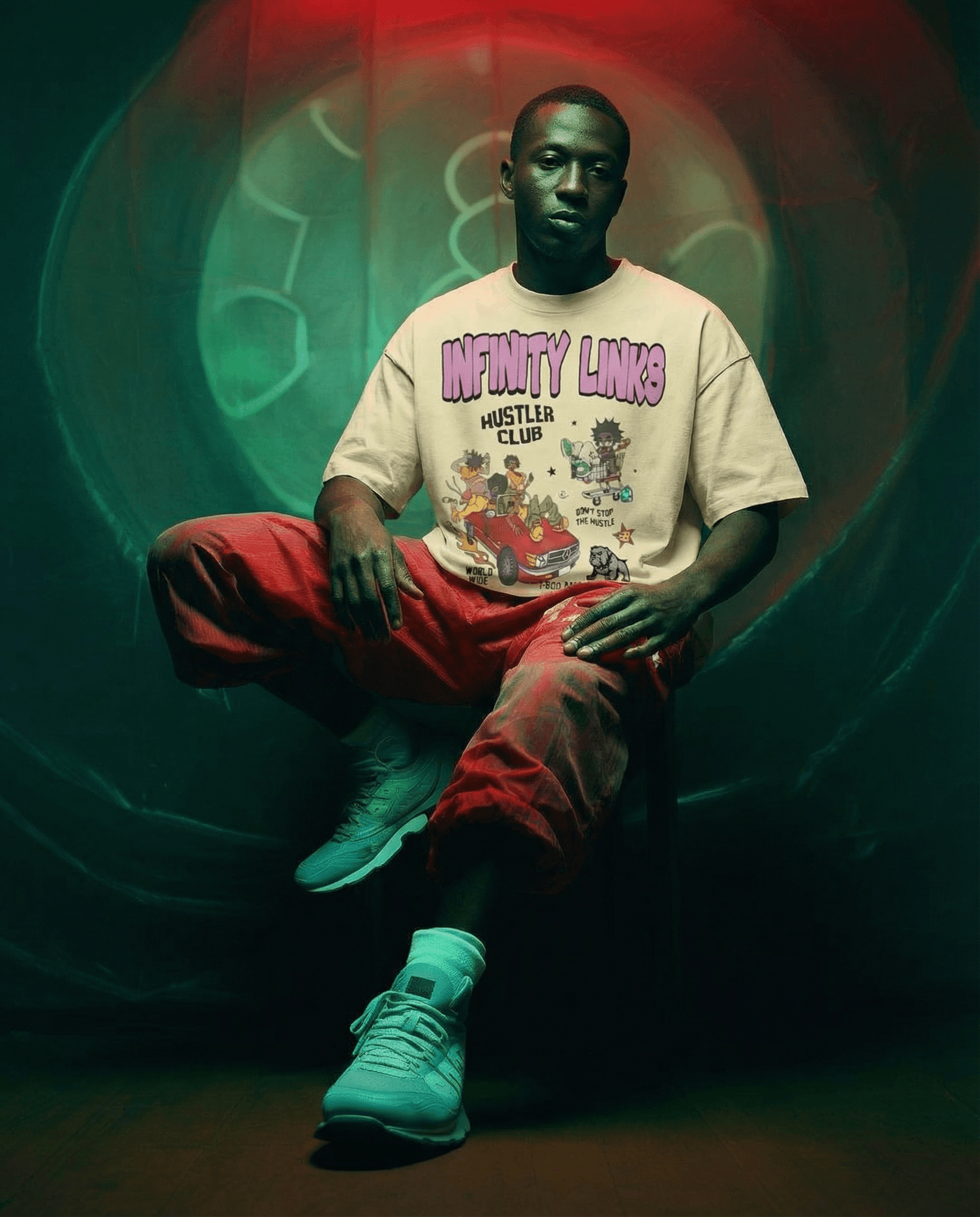 Infinity Links Members Only Graphic Tshirt in oversize fit with cartoon-style print, worn by model in casual streetwear setting. 100% cotton relaxed tee.