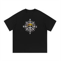 Black One Piece Essential Cotton T-Shirt with bold compass and skull graphic, made from 100% cotton for everyday comfort and style.