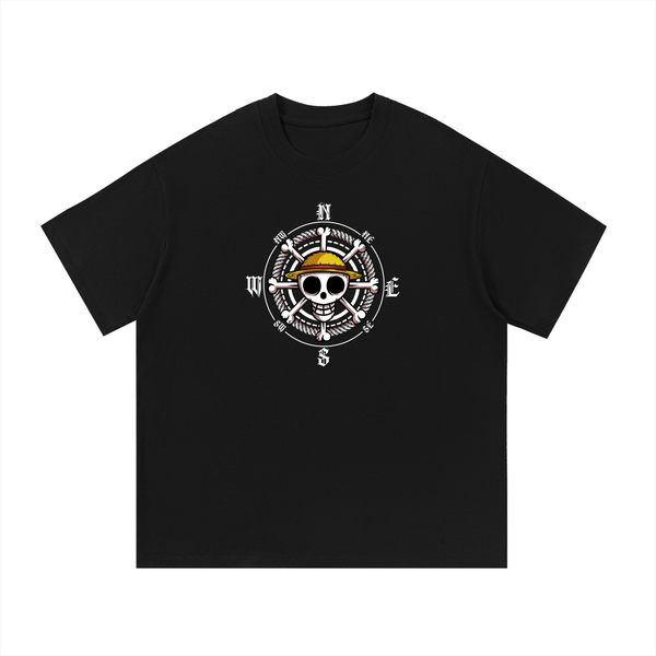 Black One Piece Essential Cotton T-Shirt with bold compass and skull graphic, made from 100% cotton for everyday comfort and style.