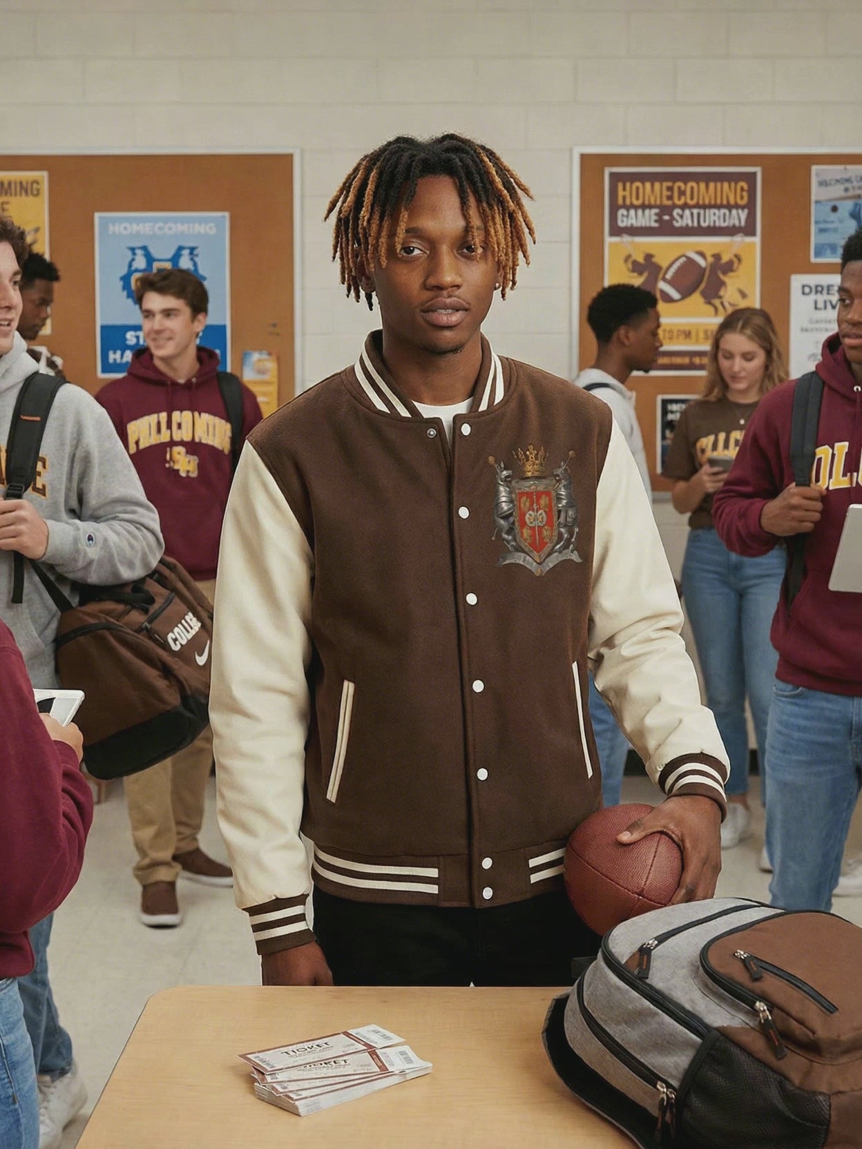 Model wearing Armor of God Two-Tone Varsity Jacket | FNDMNTLS