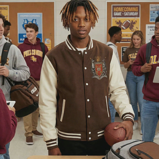 Chrome Cardinal Two-Tone Fleeced Varsity Jacket by Shop FNDMNTLS - Varsity Jackets, Casual Streetwear, Chrome Cardinals