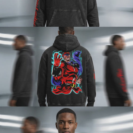Unisex snow washed cotton hoodie with bold M. Bison graphic on back and red sleeve text, styled for casual streetwear fashion.