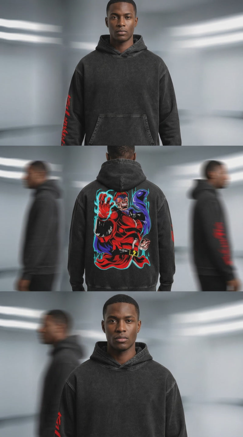 Unisex snow washed cotton hoodie with bold M. Bison graphic on back and red sleeve text, styled for casual streetwear fashion.