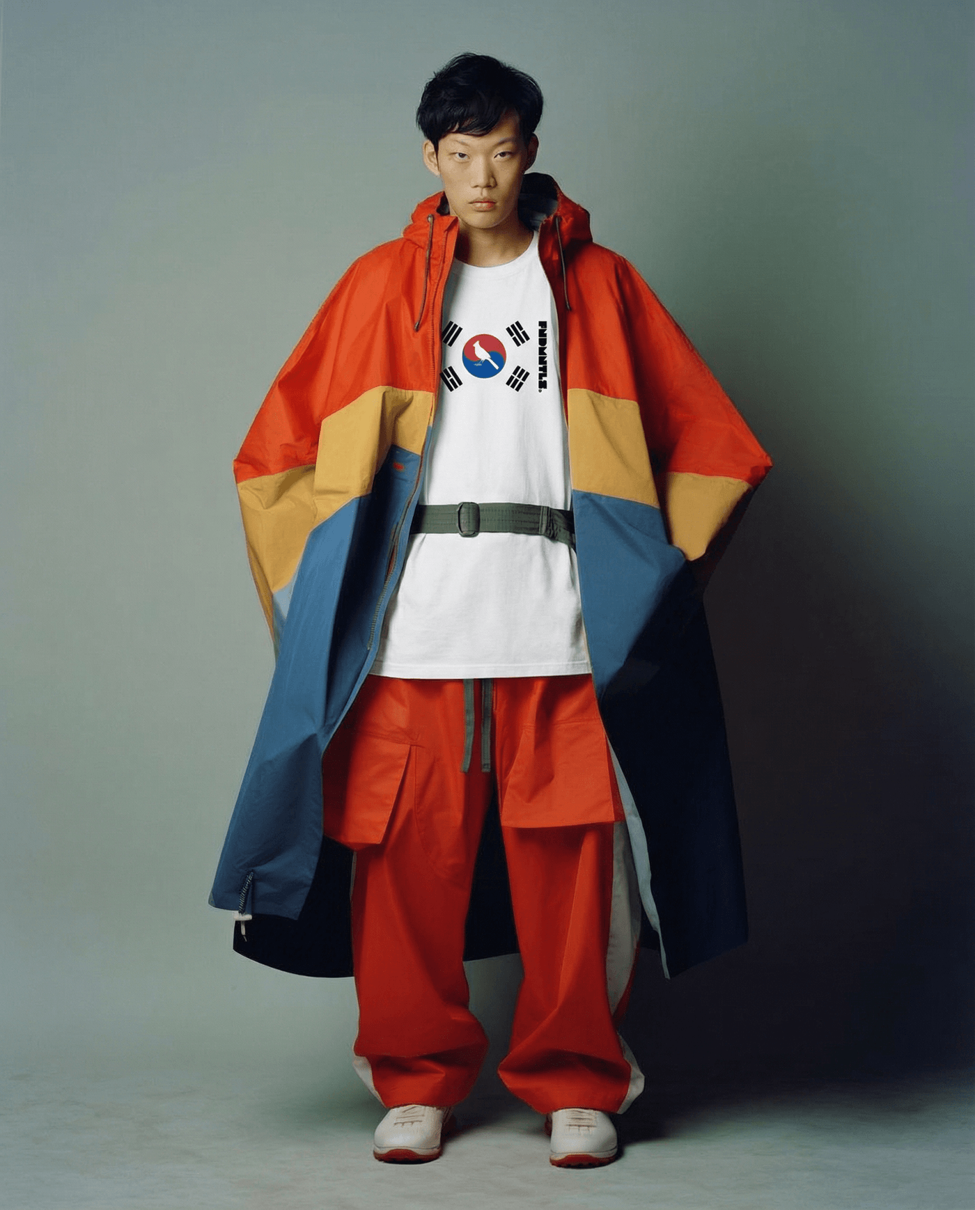 Person wearing a colorful jacket and red pants with a white shirt featuring a logo.